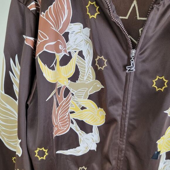 Jinzu Mens Y2K Birds Key Graphic Art Embroidered Bomber Jacket size XL Brown AOP - Picture 4 of 13